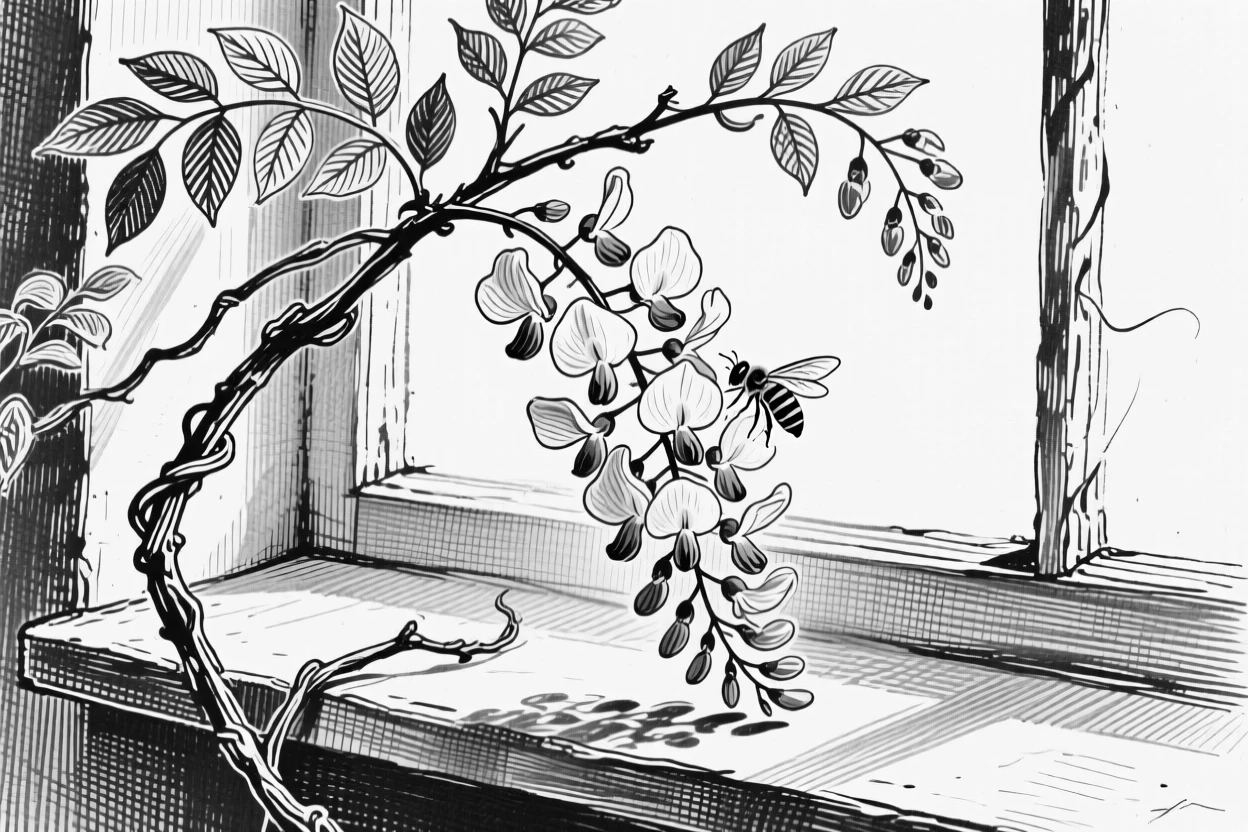 A climbing wisteria vine arranged on a windowsill in soft light, with a bee resting on one bloom, composed in a quietly elegant still-life arrangement.