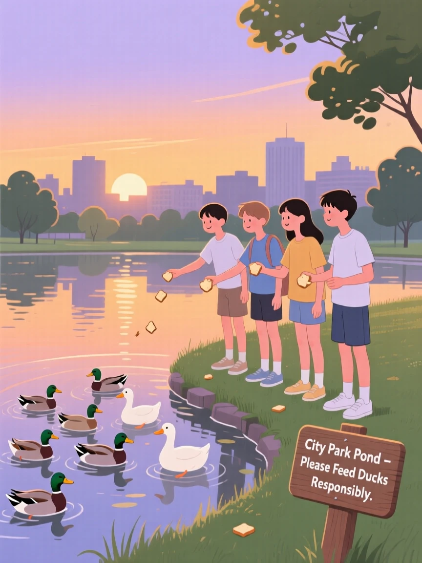 A group of students feeding ducks at a pond on a quiet summer evening in the city.