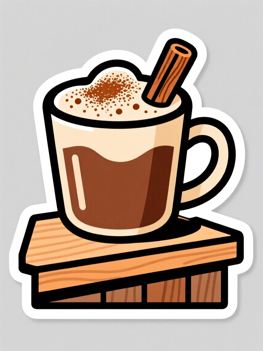 A colorful and vibrant mug of creamy hot chocolate with a cinnamon stick, dusted with cinnamon on top, at a charming bakery counter.