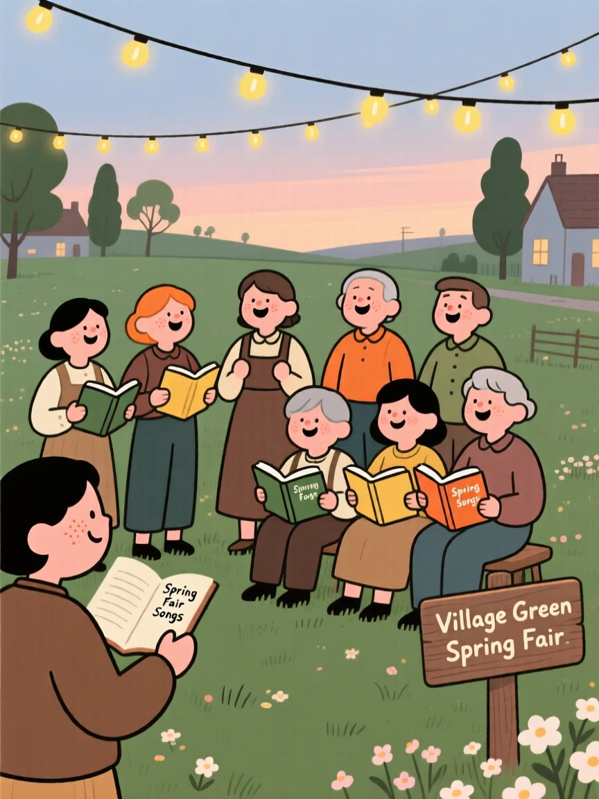 A community gathers in the village green for a spring fair, singing old songs beneath strings of fairy lights as evening falls.