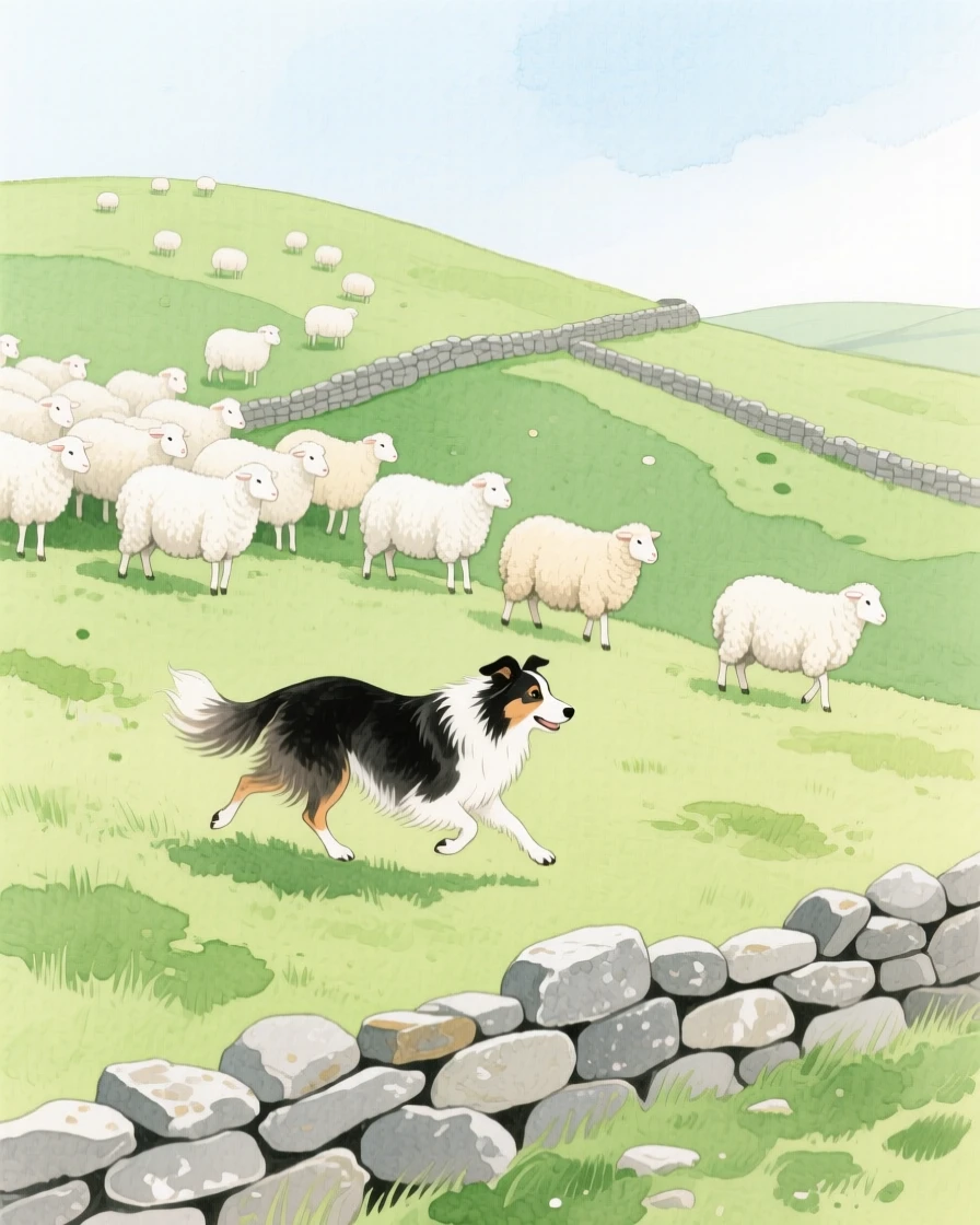 A sheepdog herds a flock of woolly sheep across a rolling green hillside dotted with stone walls