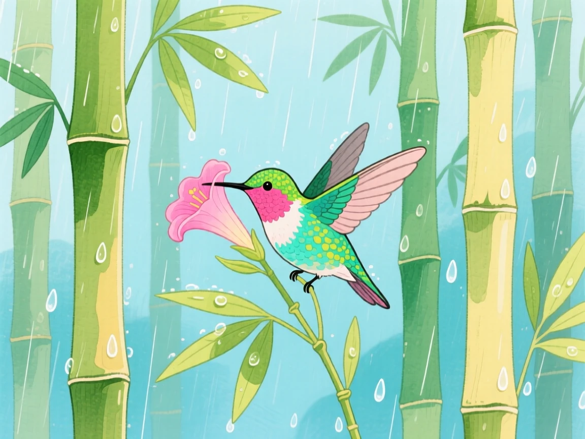 A hummingbird sipping nectar resting peacefully in a bamboo grove during a gentle rain.
