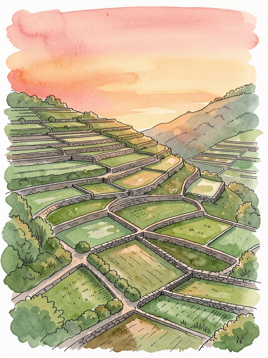 A patchwork of terraced farmland climbing a steep green hillside, the last rays of sunset painting the sky in warm color.