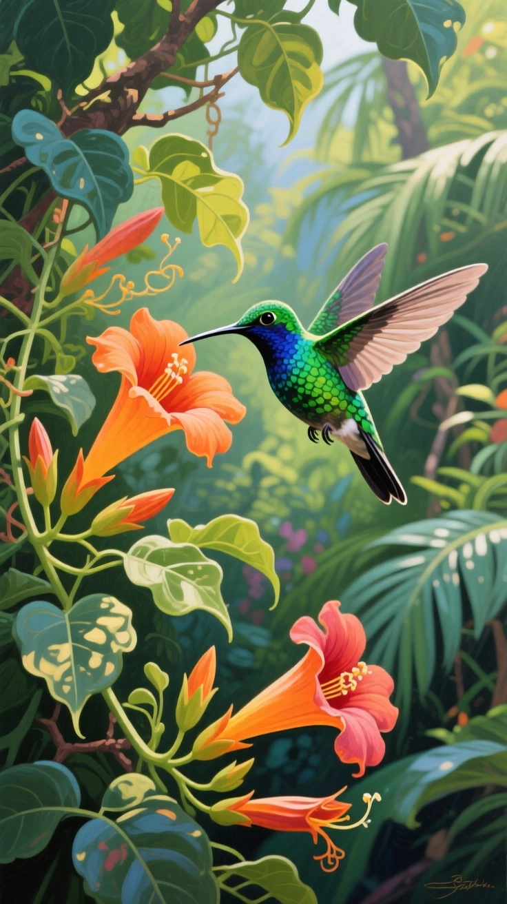 A hummingbird hovers mid-flight beside a blooming trumpet vine in a Central American garden, wings beating so fast they blur into a shimmering haze, its posture alert yet relaxed, fully at ease within its natural surroundings.