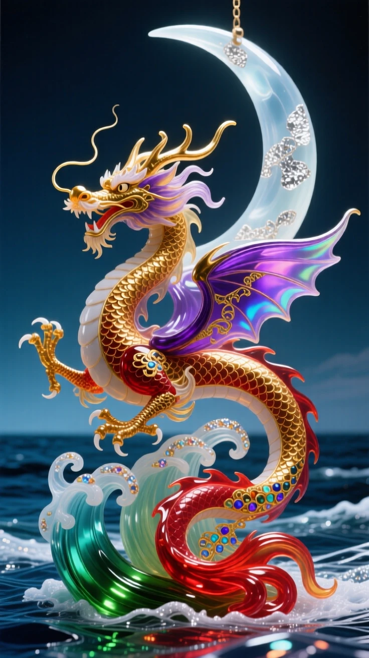 A dragon king rising from ocean depths beneath a crescent moon, powerful and legendary.