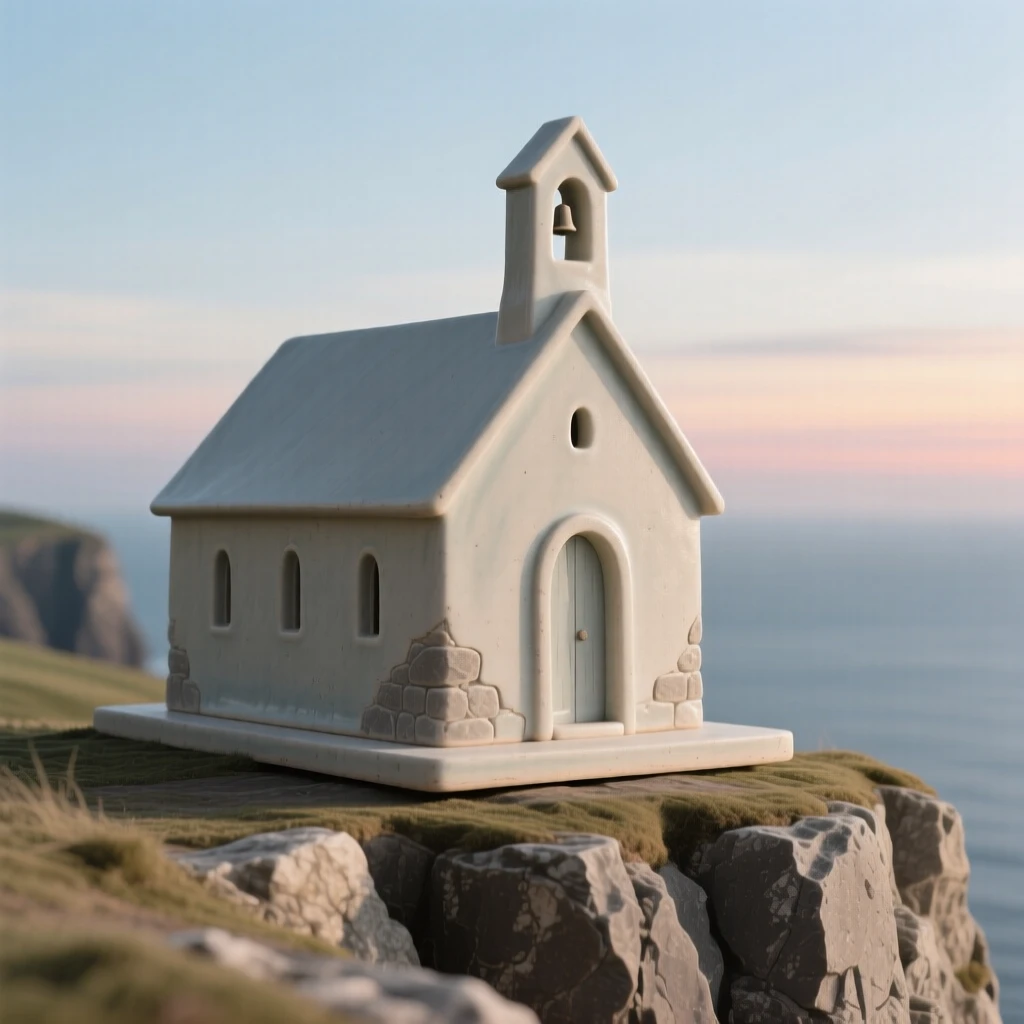 A windswept clifftop chapel rising quietly above a still landscape, its silhouette sharp against a colorful sky, conveying serenity and architectural majesty.