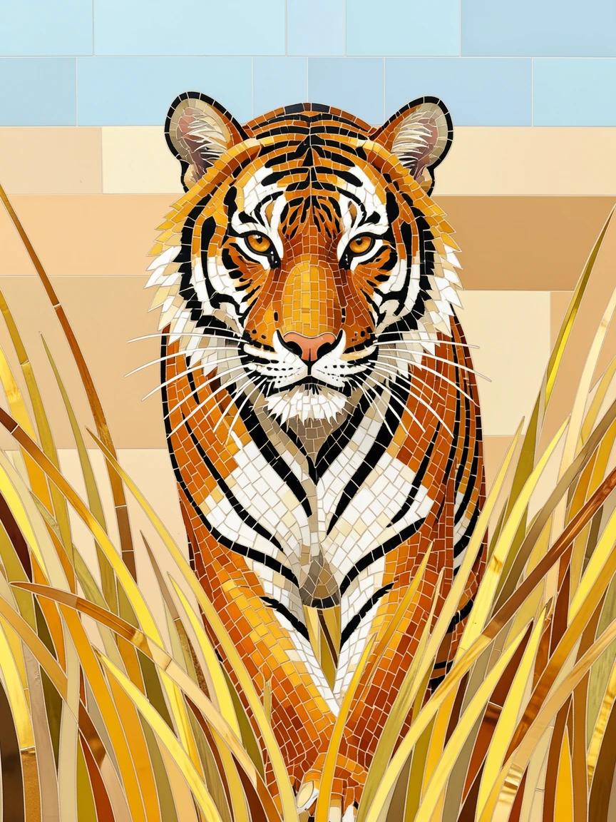 A close-up portrait of a Bengal tiger walking through tall golden grass, showing rich fur or feather detail and expressive eyes.