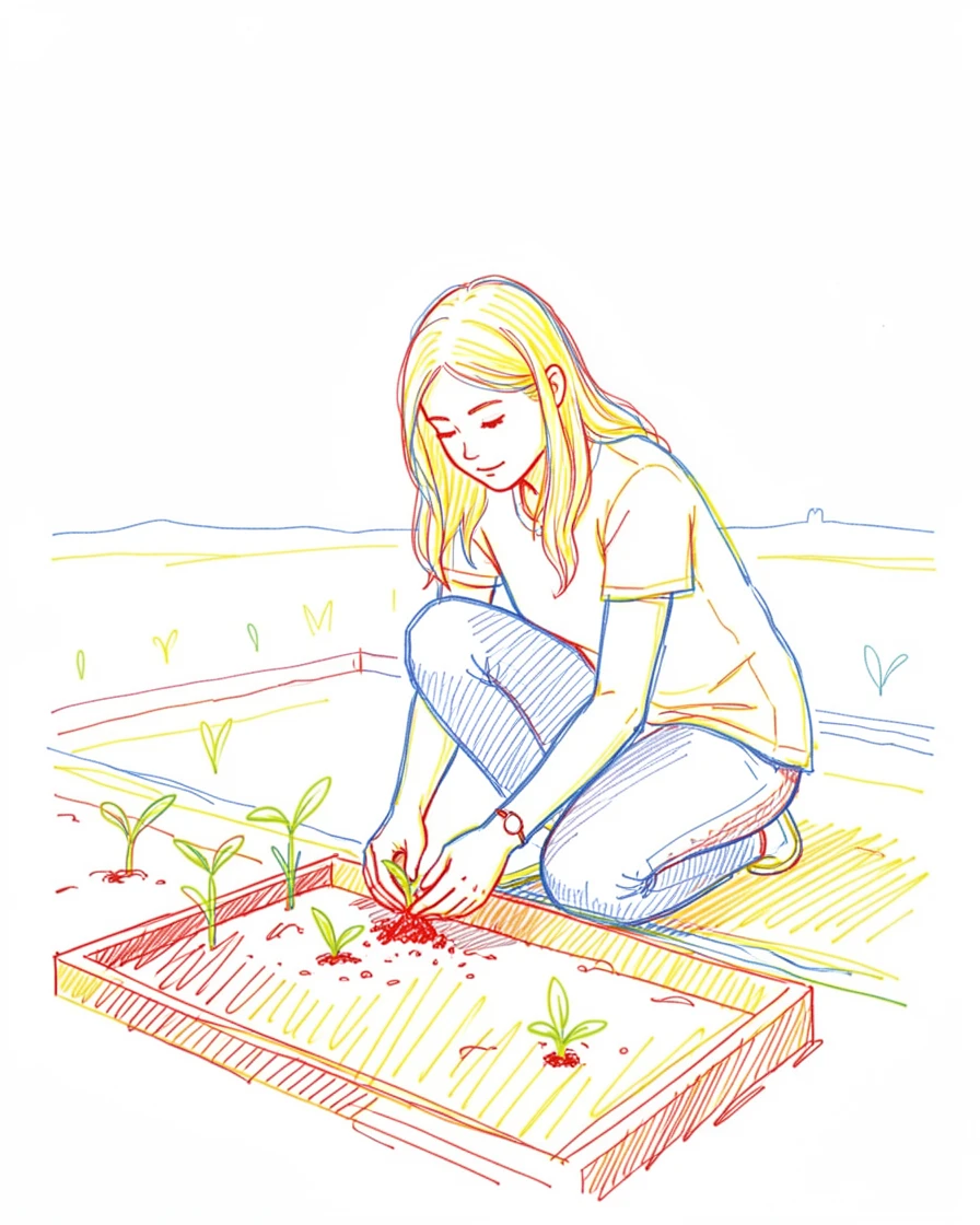 A young woman planting seedlings in a community garden plot