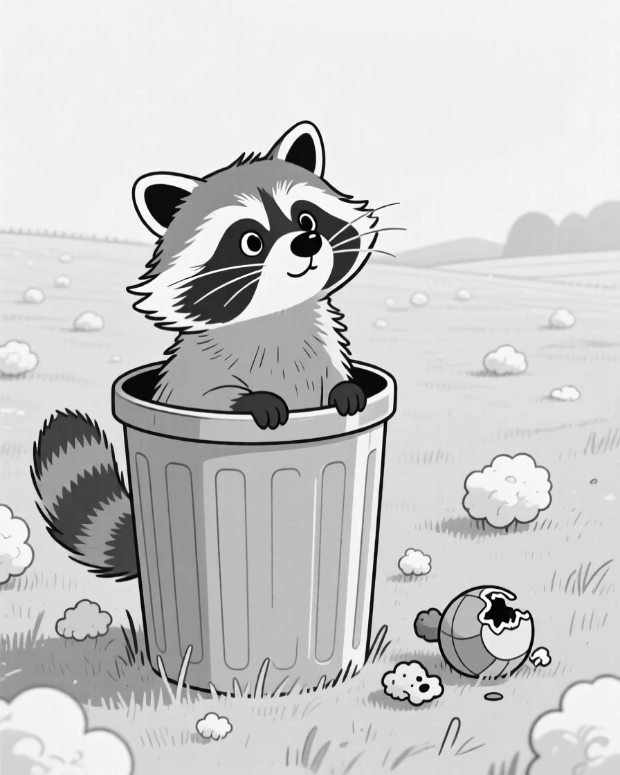 A curious raccoon peeking out of a trash can, rearing up with mane flying in slow motion, set in a pasture freshly dotted with wool tufts. A half-chewed toy lies forgotten nearby. There's something deeply endearing about the little chaos.