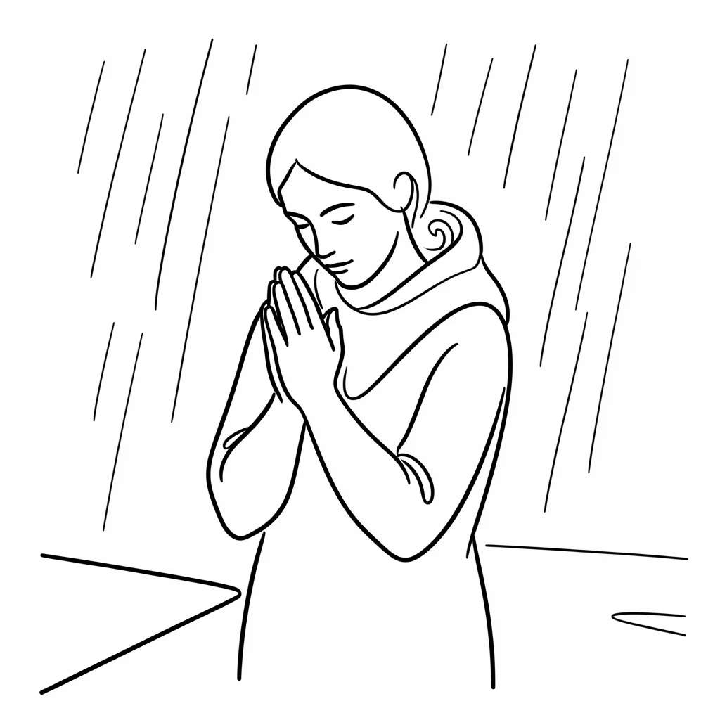 A woman praying quietly with hands clasped together, on a rainy street corner.