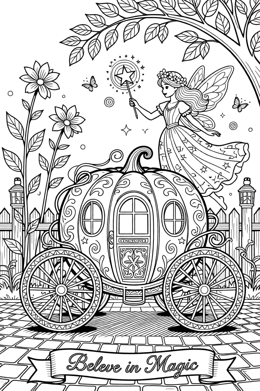 A fairy godmother waving her wand over a pumpkin carriage.