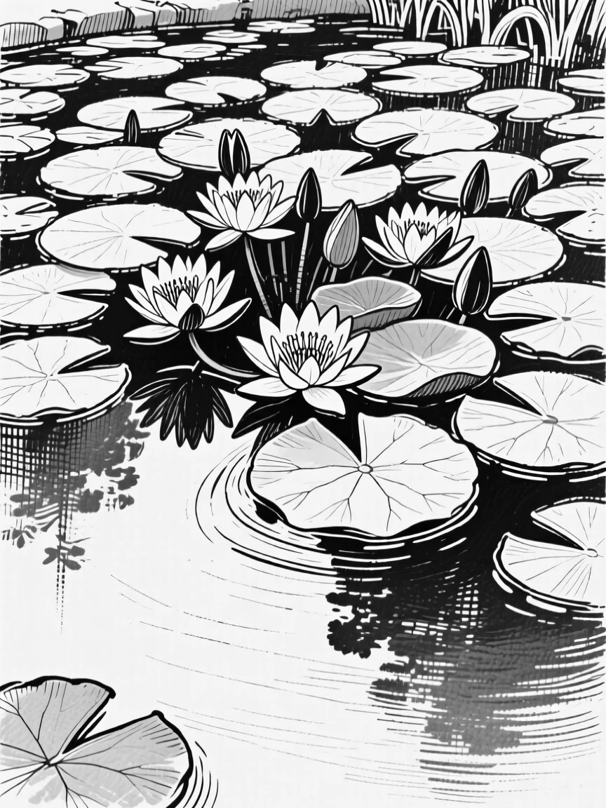 A cluster of water lilies floating on a still garden pond.