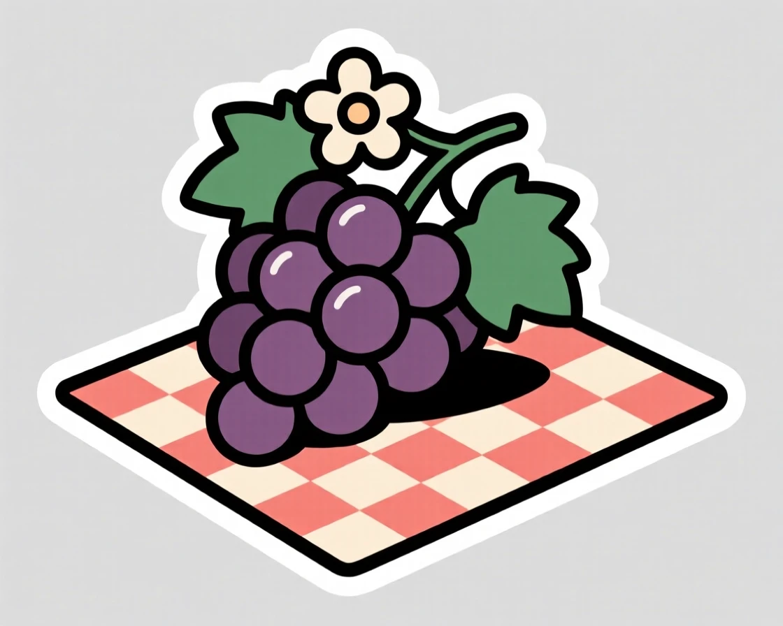 A delightfully sweet cluster of grapes on the vine, topped with a single edible flower, on a checkered picnic blanket.