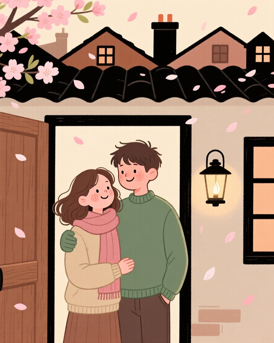 Soft spring petals falls over a row of rooftops as a young couple watches from a cozy doorway, wrapped warmly against the spring air.