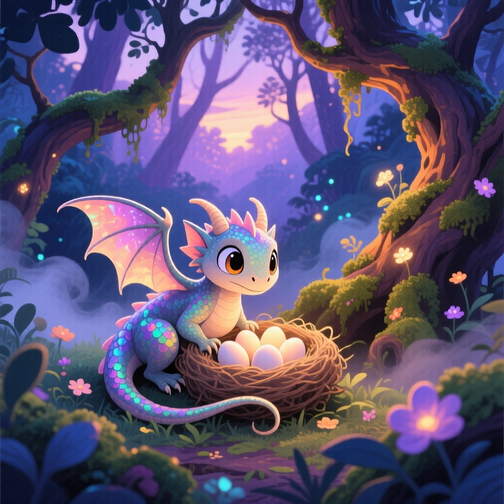 A tiny winged dragon curling protectively around a nest of glowing eggs, in an enchanted forest at twilight, filled with a sense of peaceful mysticism.