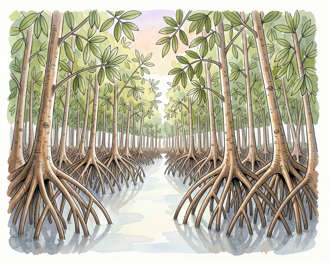 A dense mangrove forest with roots arching into calm tidal water, the air still and cool with the promise of a new day.