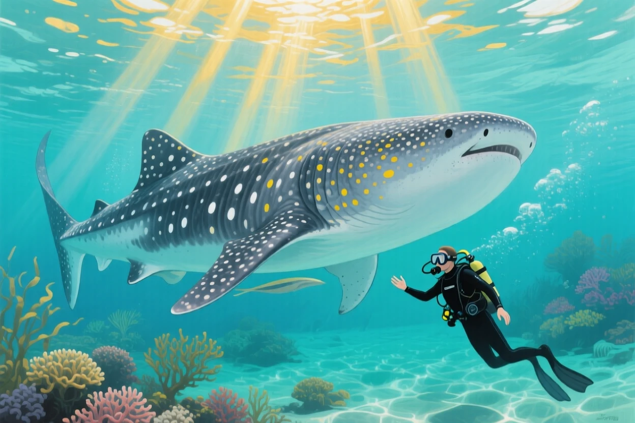 A gentle whale shark glides through crystal-clear water near the Philippines, its spotted body dwarfing a diver swimming alongside, sunlight filtering down in shafts from the surface above, the moment captured with a sense of calm intimacy despite the wild setting.