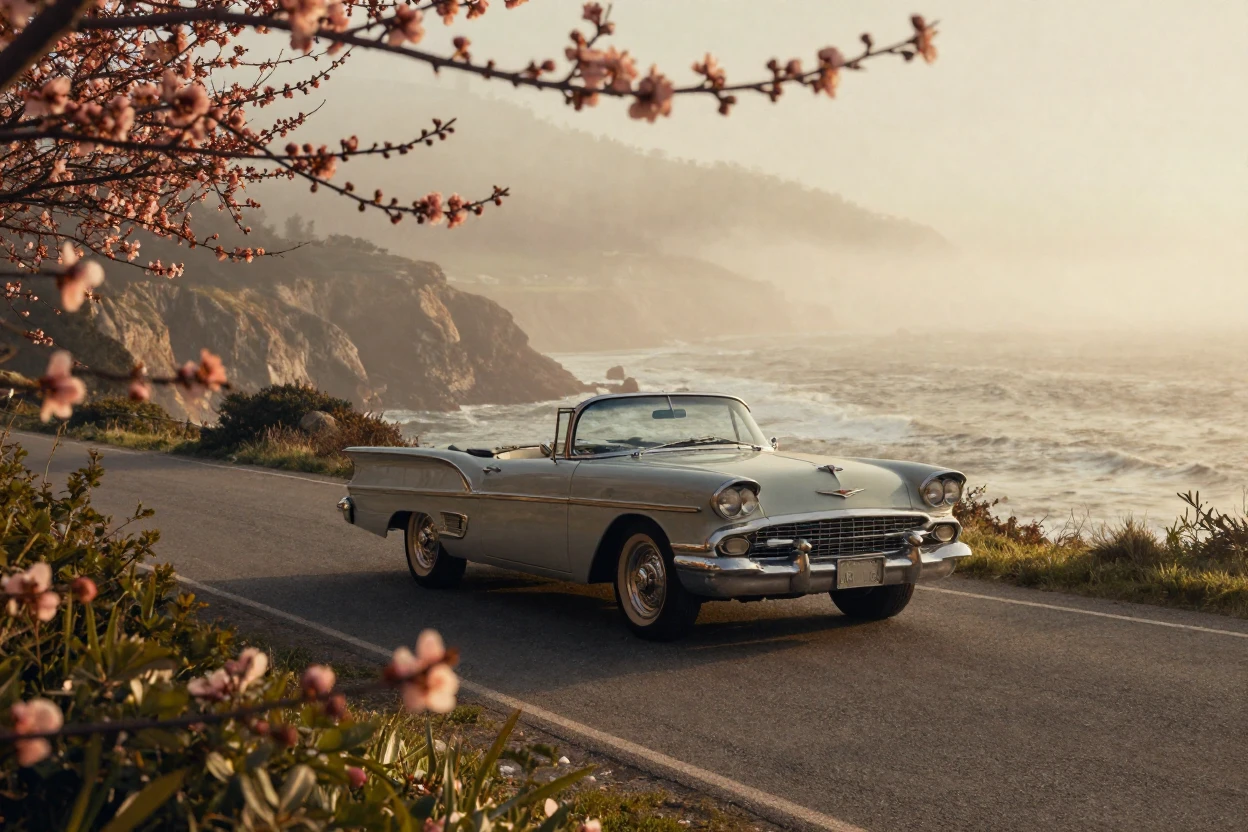 A classic convertible parked along a sunlit coastal road, under soft golden-hour light, in thick rolling fog, as spring blossoms unfurl, in earthy terracotta and ochre shades, peering through foliage in the foreground.