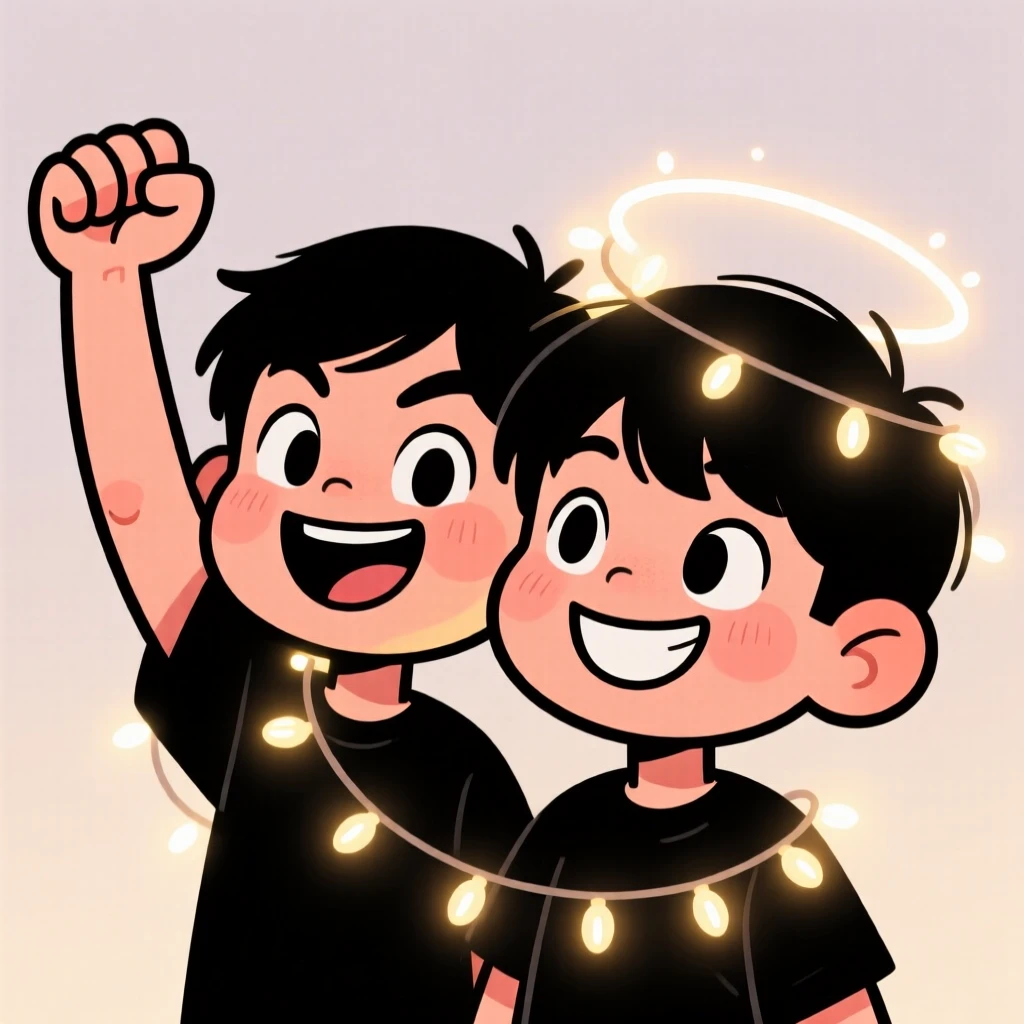 A charming portrait of a mischievous twin, raising a fist in triumphant celebration, surrounded by twinkling fairy lights.