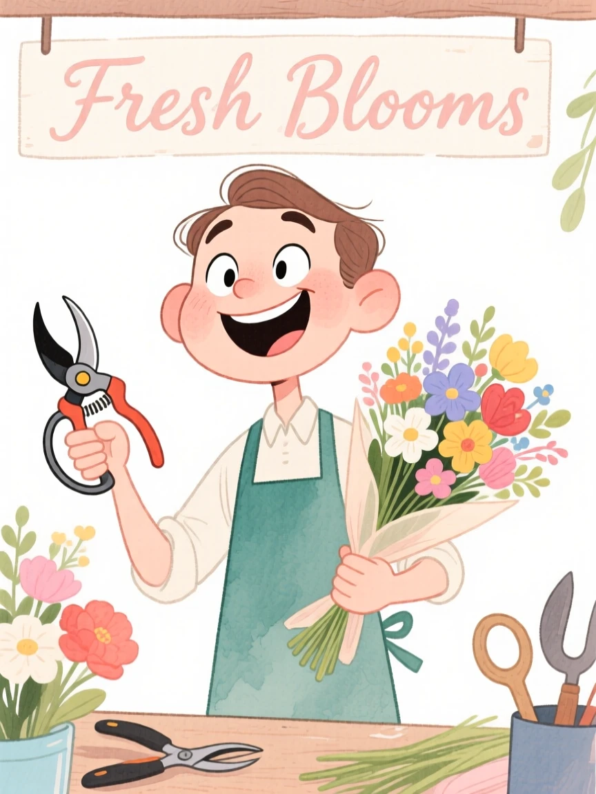 A florist confidently at work, tools of the trade in hand