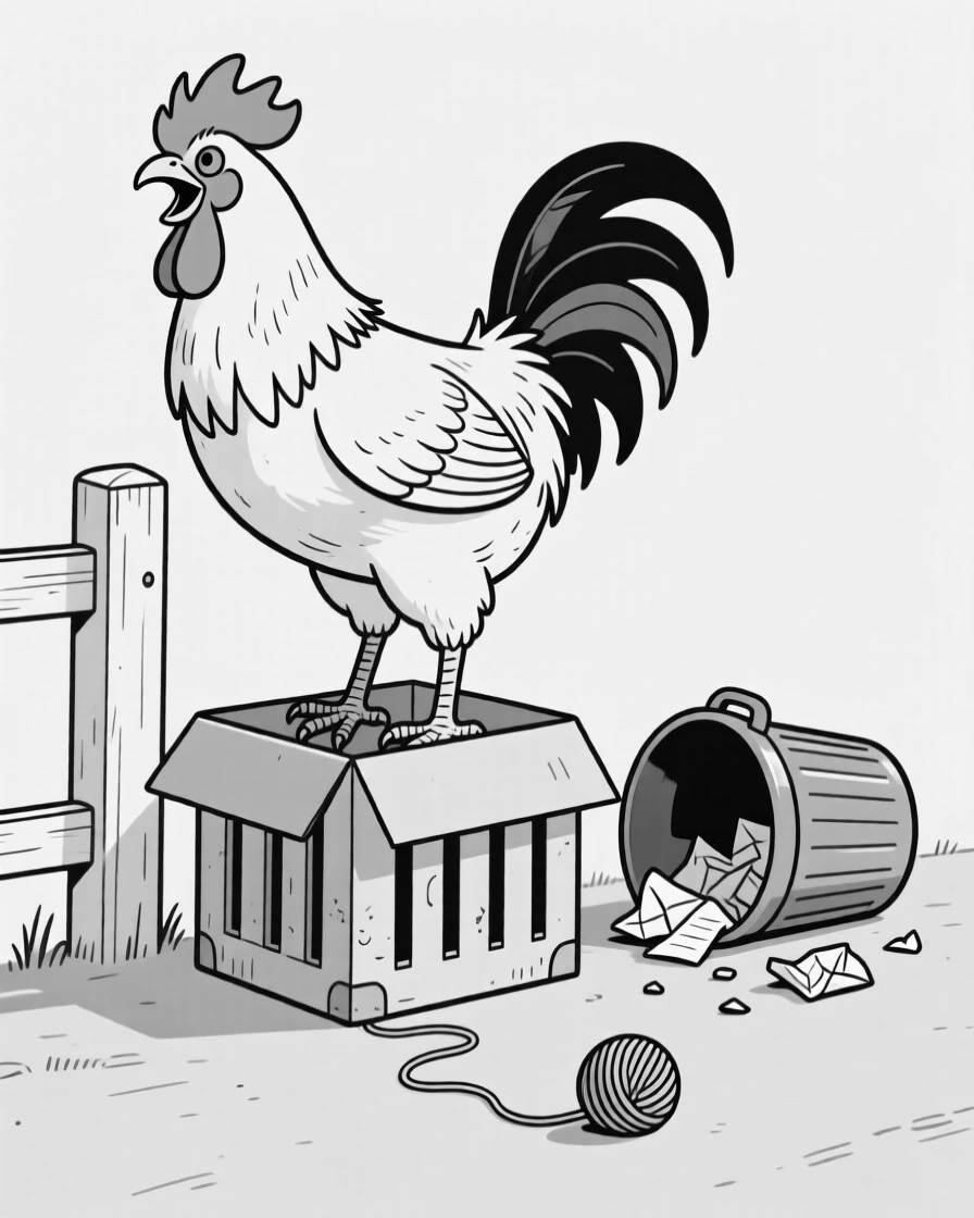 A proud rooster crowing atop a fence post, trying to fit into a box far too small, set beside an overturned trash can at night. A ball of yarn rolls slowly across the floor. It feels like the kind of photo that instantly earns a smile.