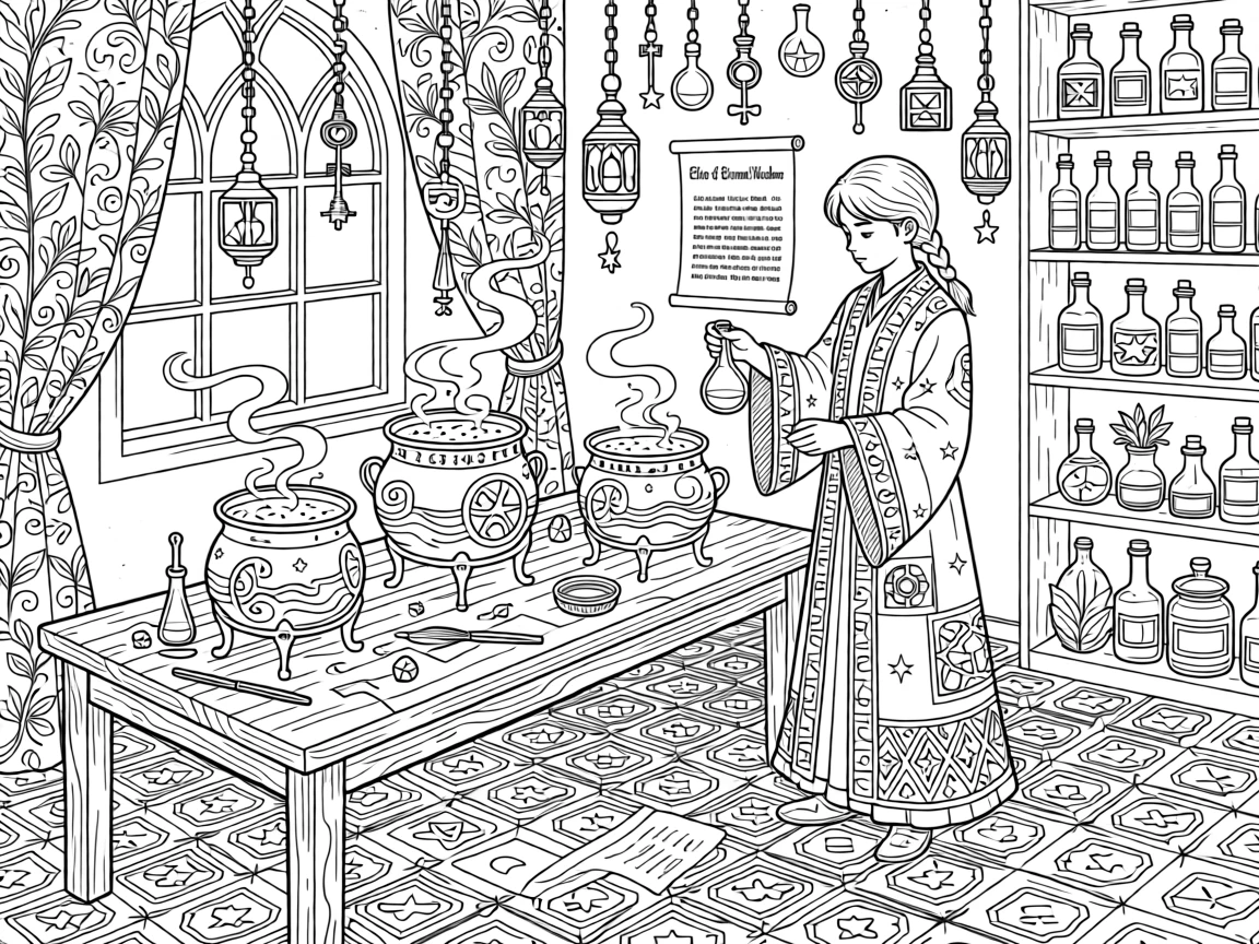 A wizard's apprentice mixing a potion beside bubbling cauldrons.