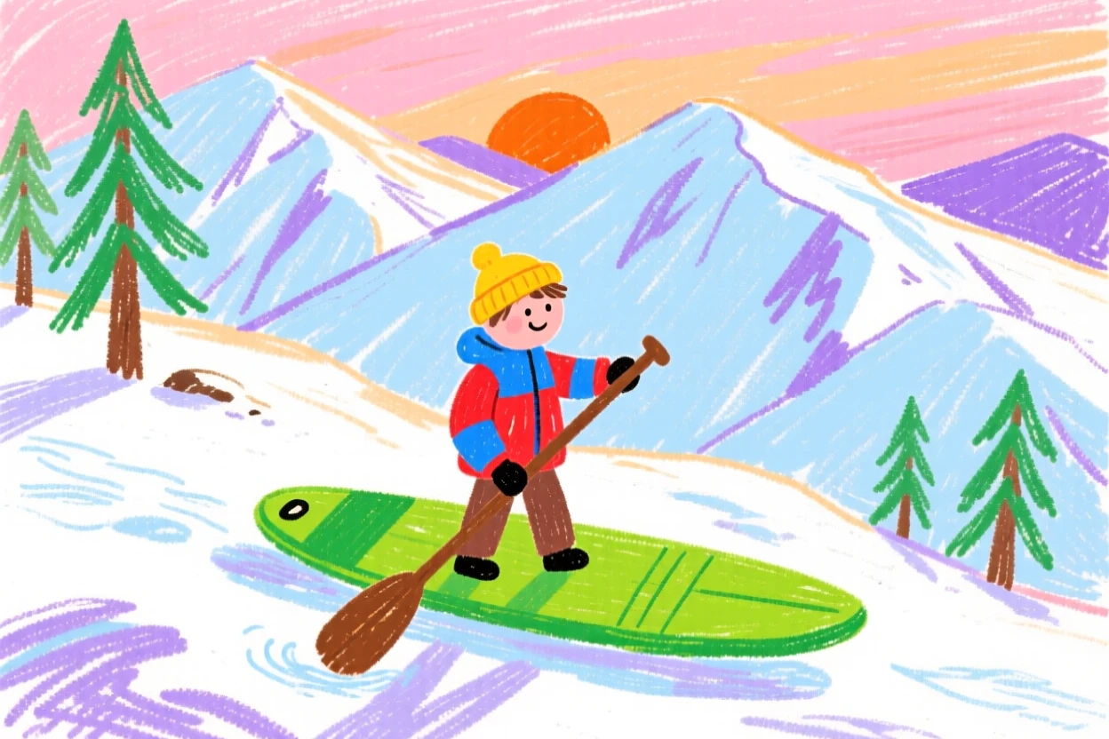 A paddleboarder crossing a snowy alpine ridge at sunrise.