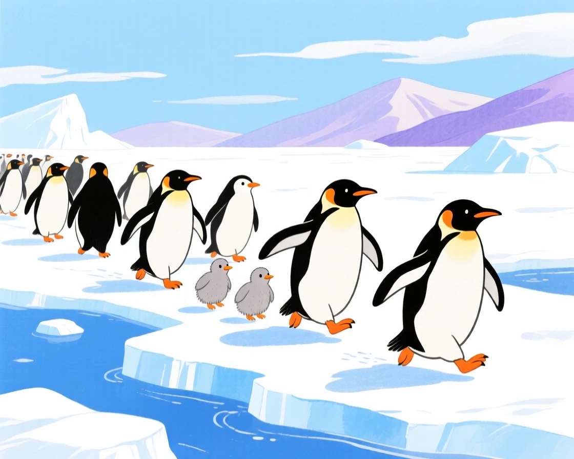 An exciting view of a penguin colony waddling across Antarctic ice.