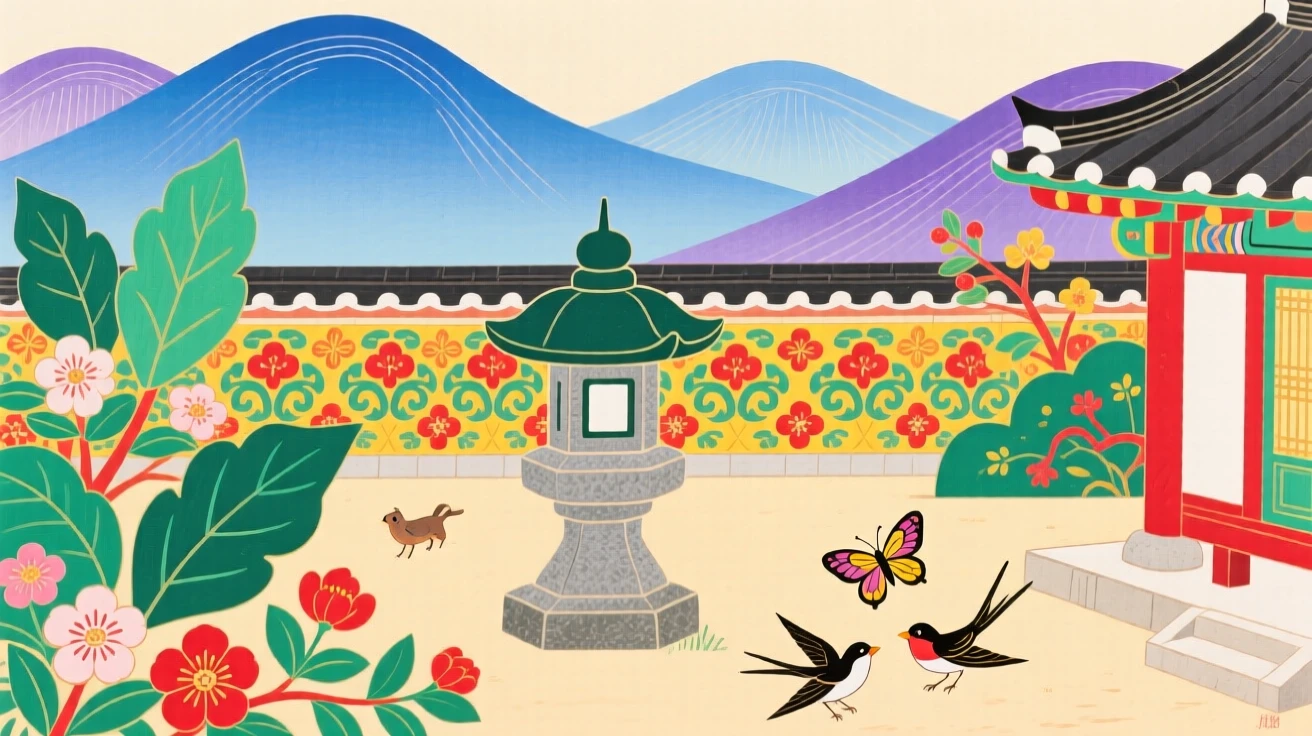 A quiet courtyard with a stone lantern nestled among distant mountains.