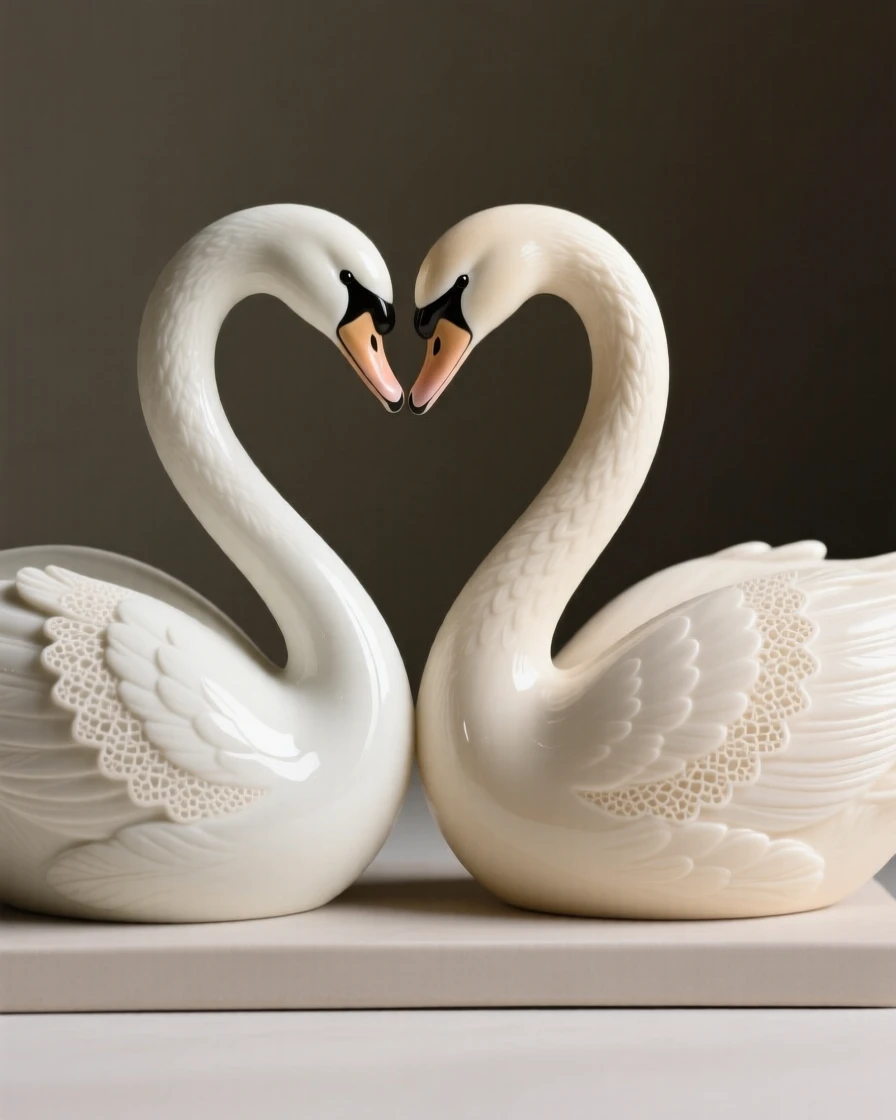A pair of elegant swans facing each other in a heart shape captured in a graceful, polished stance, highlighted by delicate embellishments, evoking refined elegance and quiet luxury.
