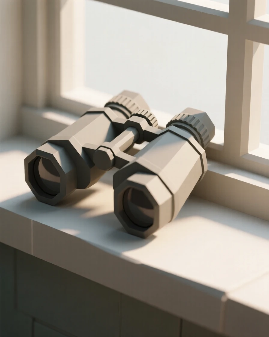 A pair of vintage binoculars on a windowsill, surrounded by soft shadows. soft directional light creates gentle shadows. It evokes a feeling of gentle nostalgia.