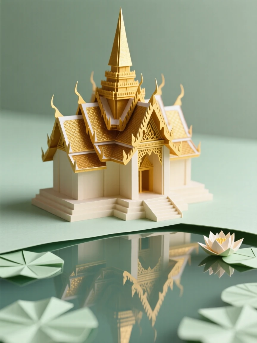 A traditional Thai temple with golden spires reflected in a still lotus pond.