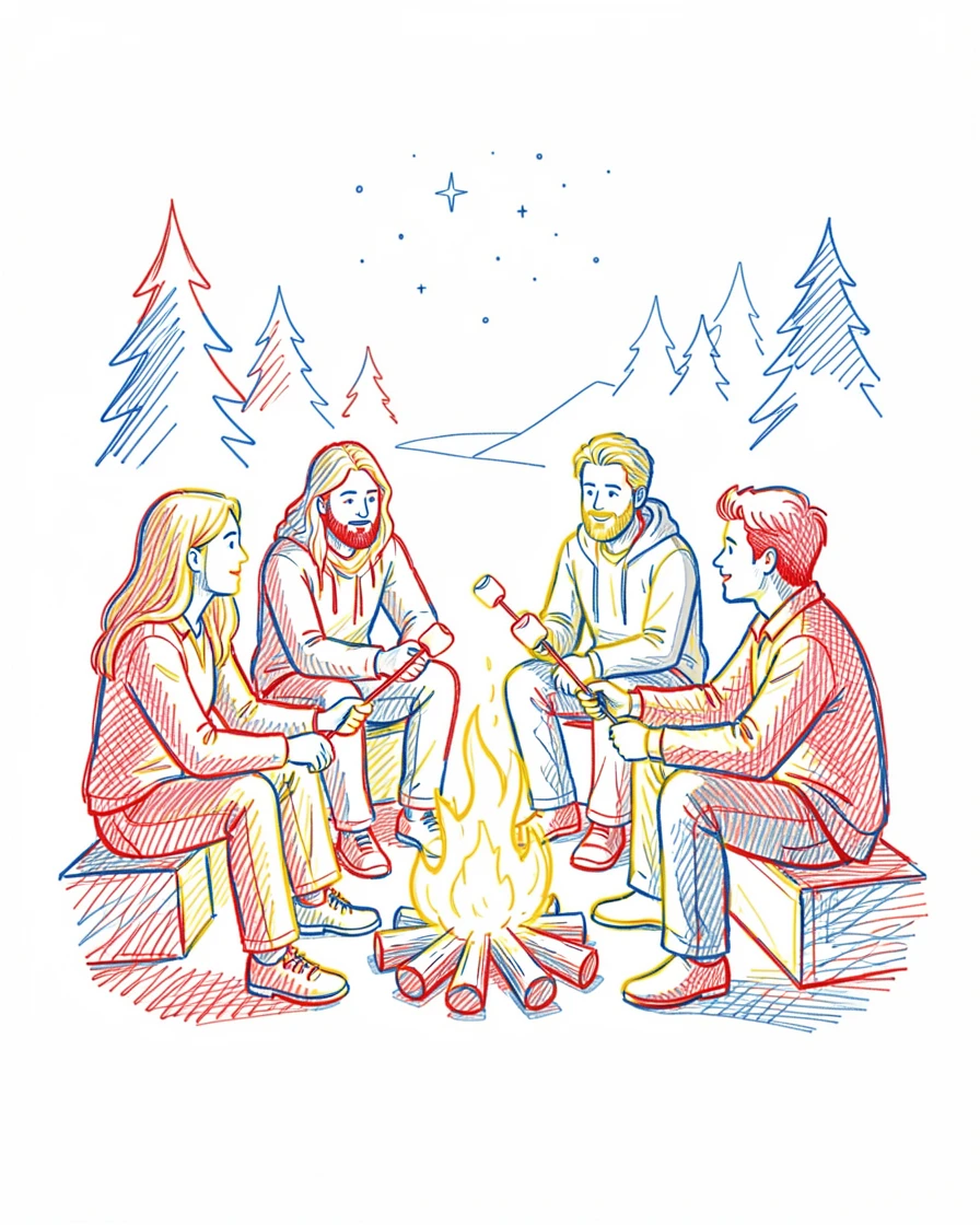 A group of friends roasting marshmallows over a campfire at night