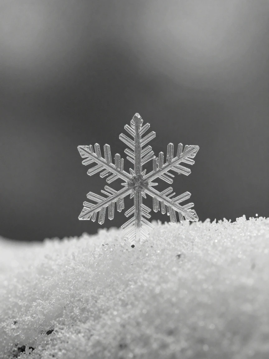 A single snowflake reveals an intricate crystalline pattern against a soft winter backdrop.