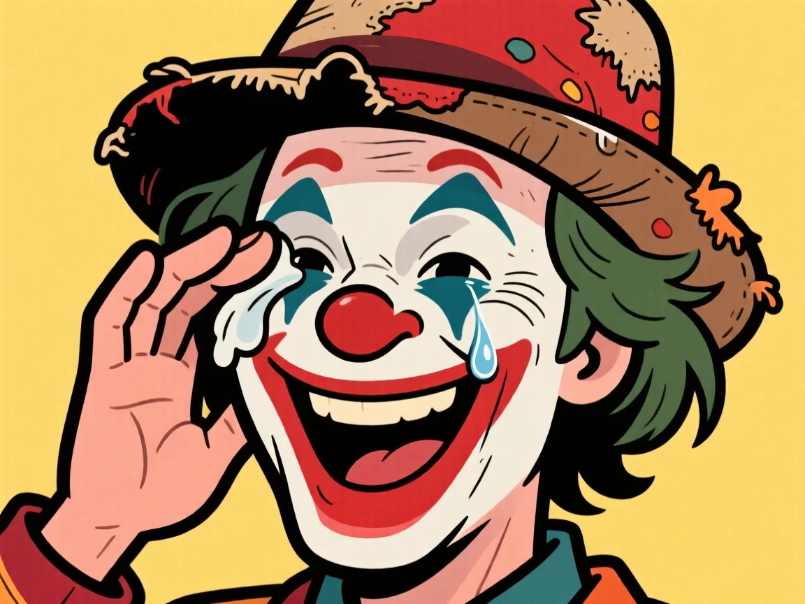 A charming portrait of a playful clown, wiping away a happy tear while smiling, wearing their favorite well-worn hat.