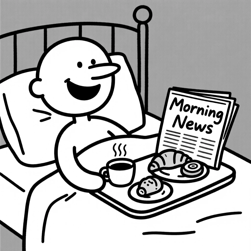 A cozy breakfast in bed scene with coffee, pastries, and a newspaper.