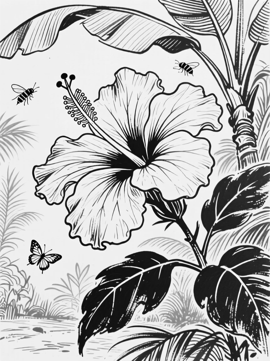 A single hibiscus flower in vivid red blooming in a tropical garden.