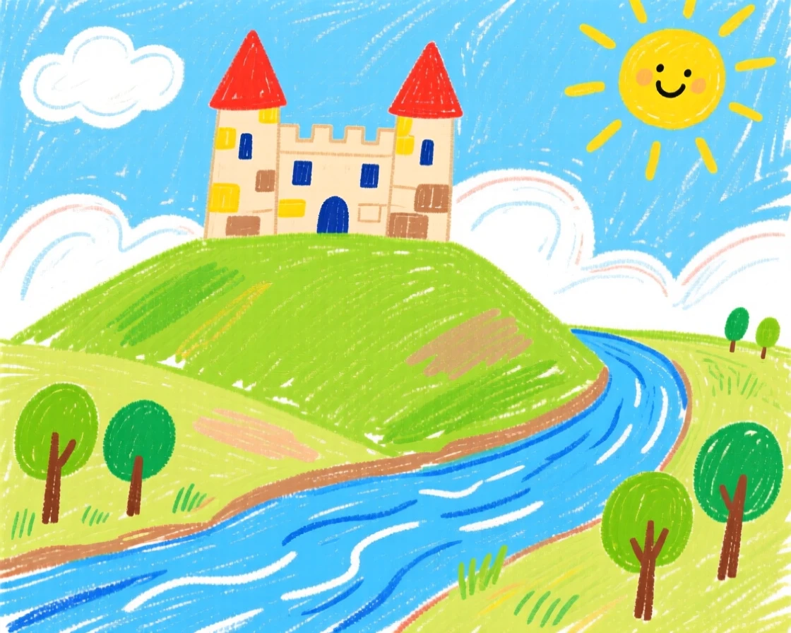 A hillside castle perched above a quiet winding river.