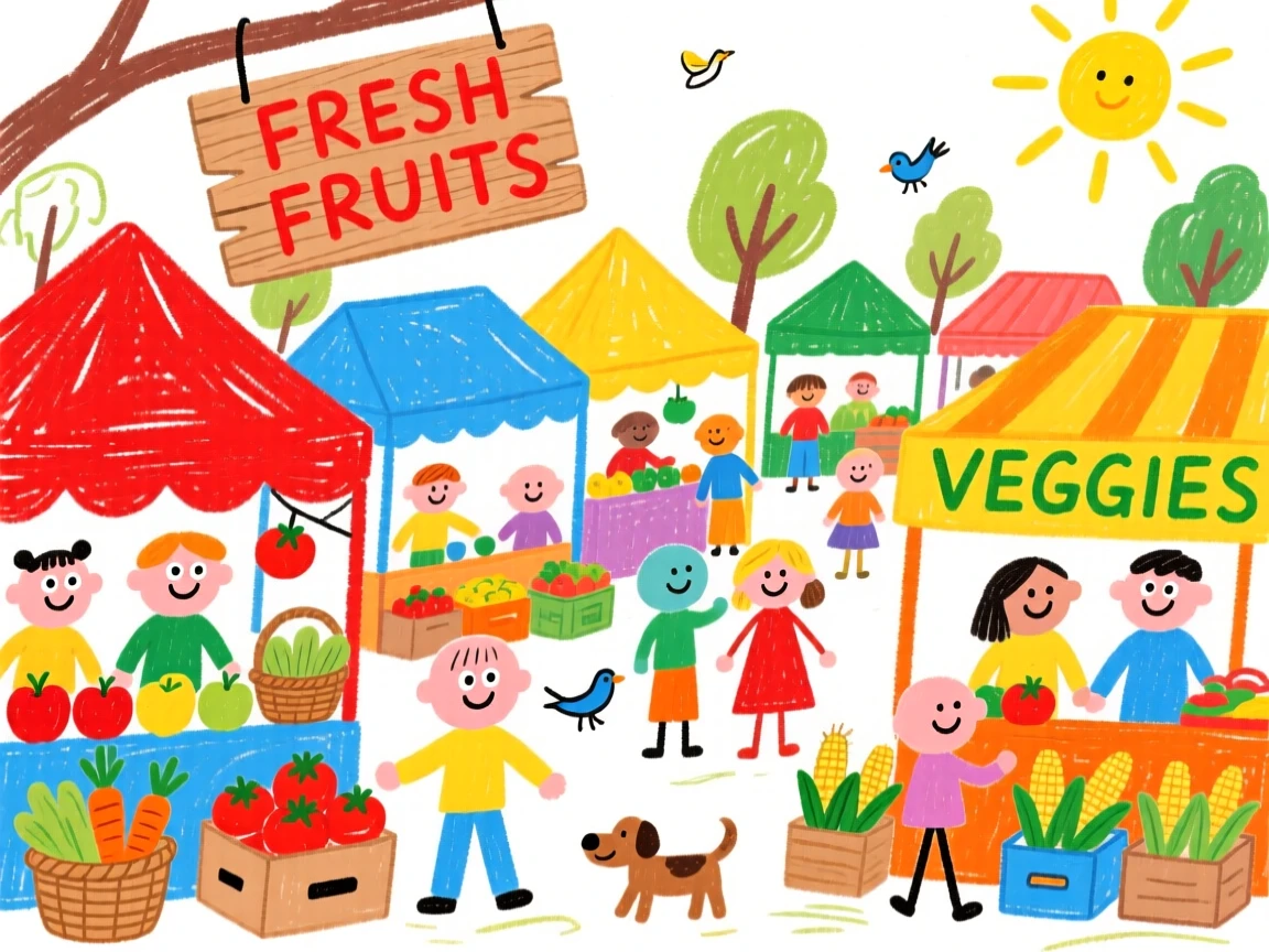 A bustling farmers market full of colorful stalls.