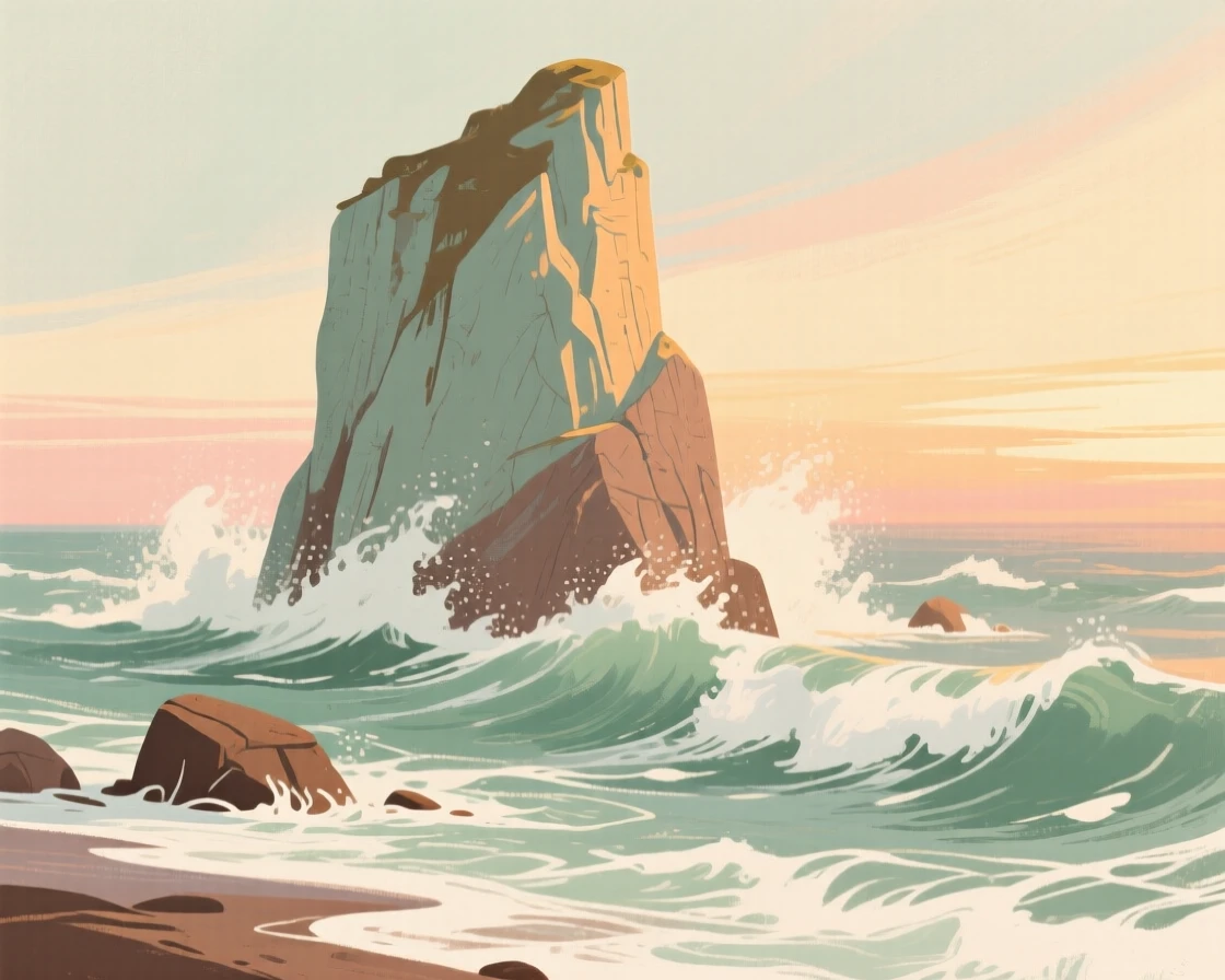 A dramatic sea stack rising from crashing waves at sunset
