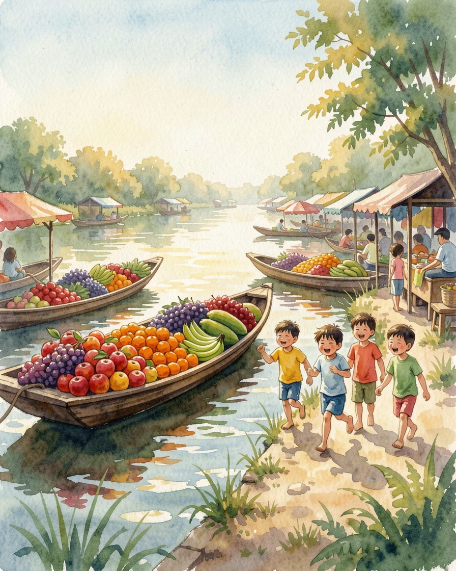 A floating market with boats piled high with fruit on a clear summer afternoon with children playing nearby.