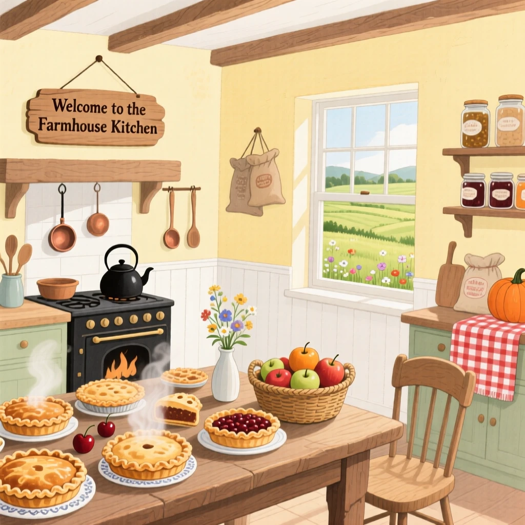 A peaceful view of a countryside farmhouse kitchen filled with fresh pies.