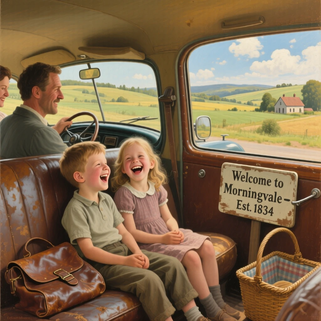 A family road trip with kids laughing in the backseat as scenery rolls by, as laughter and genuine joy fill the entire scene, radiating comfort, love, and togetherness