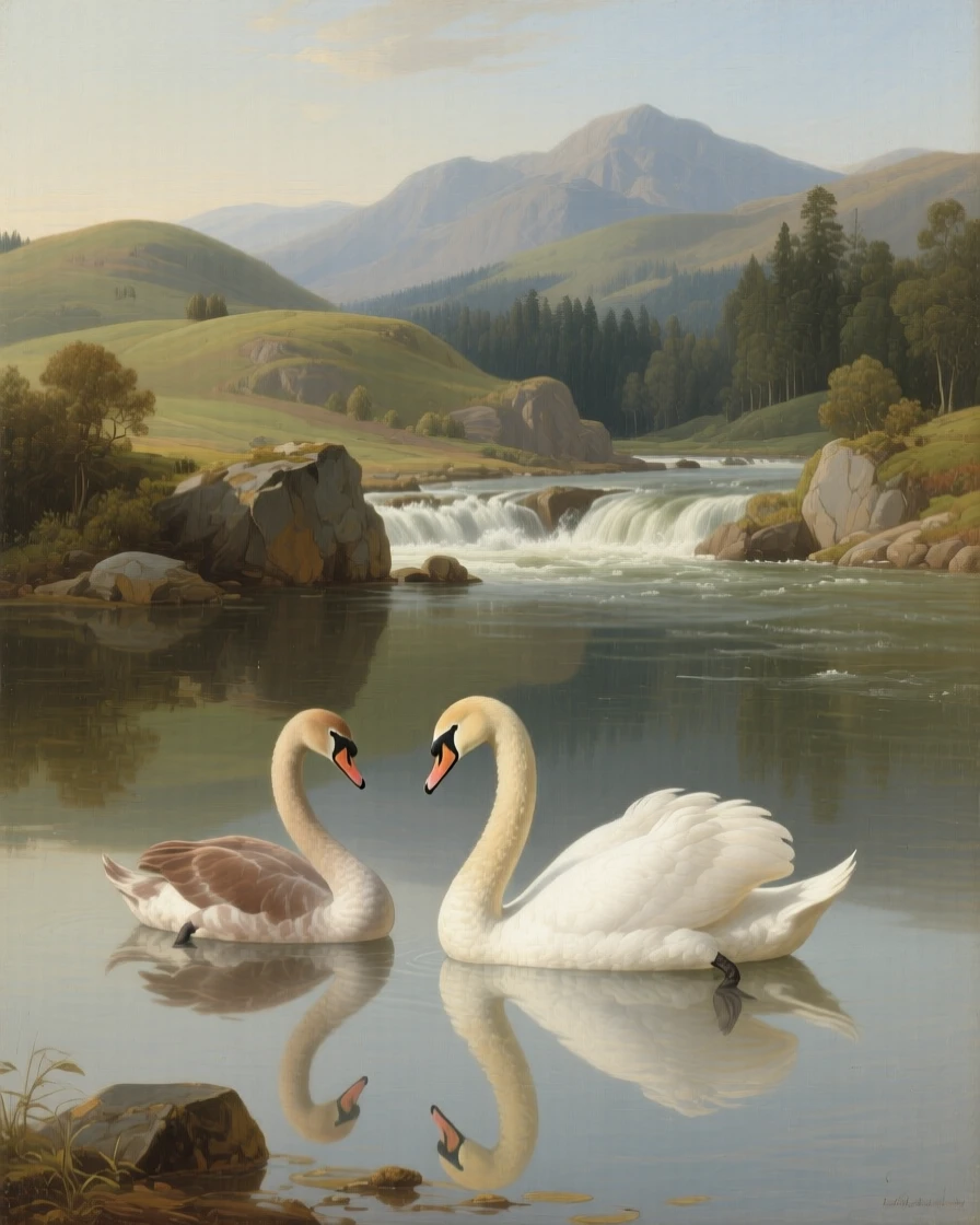 A pair of swans gliding gracefully across a still, mirrored lake captured in a moment of wild grace and quiet power, set beside a rushing river cutting through ancient hills, with distant mountains or forests fading softly into the horizon; the animal is placed off-center to leave room for the vast, breathing landscape, capturing a quiet, breathtaking moment of wild grace.