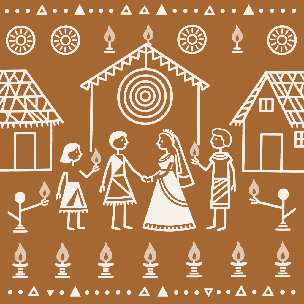 A wedding ceremony celebrated as families light lamps outside their homes.