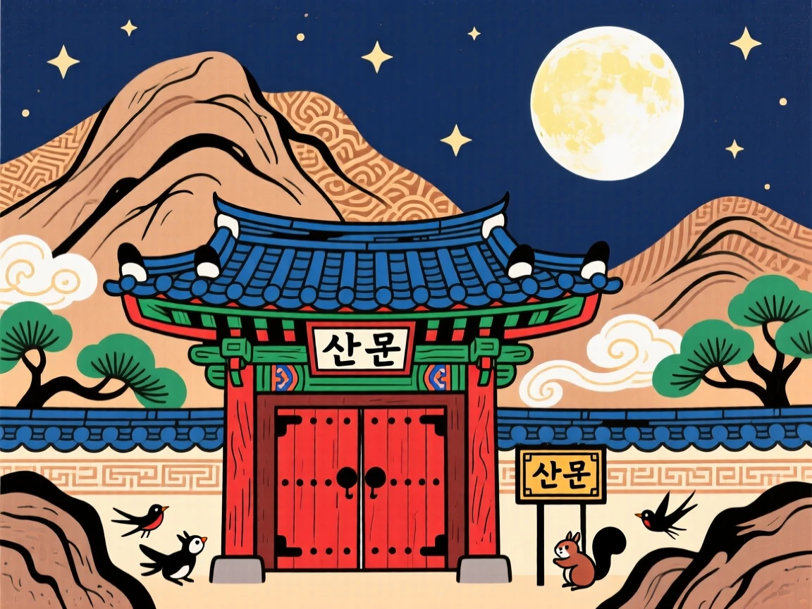 A view of a mountain temple gate, beneath a full moon.