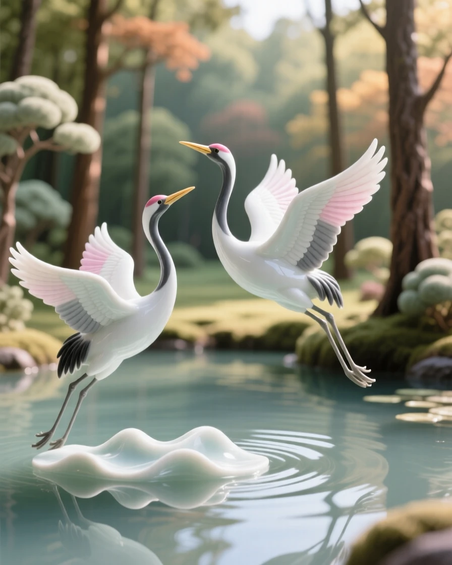 A pair of cranes gliding together across a still pond beside a sunlit forest clearing.