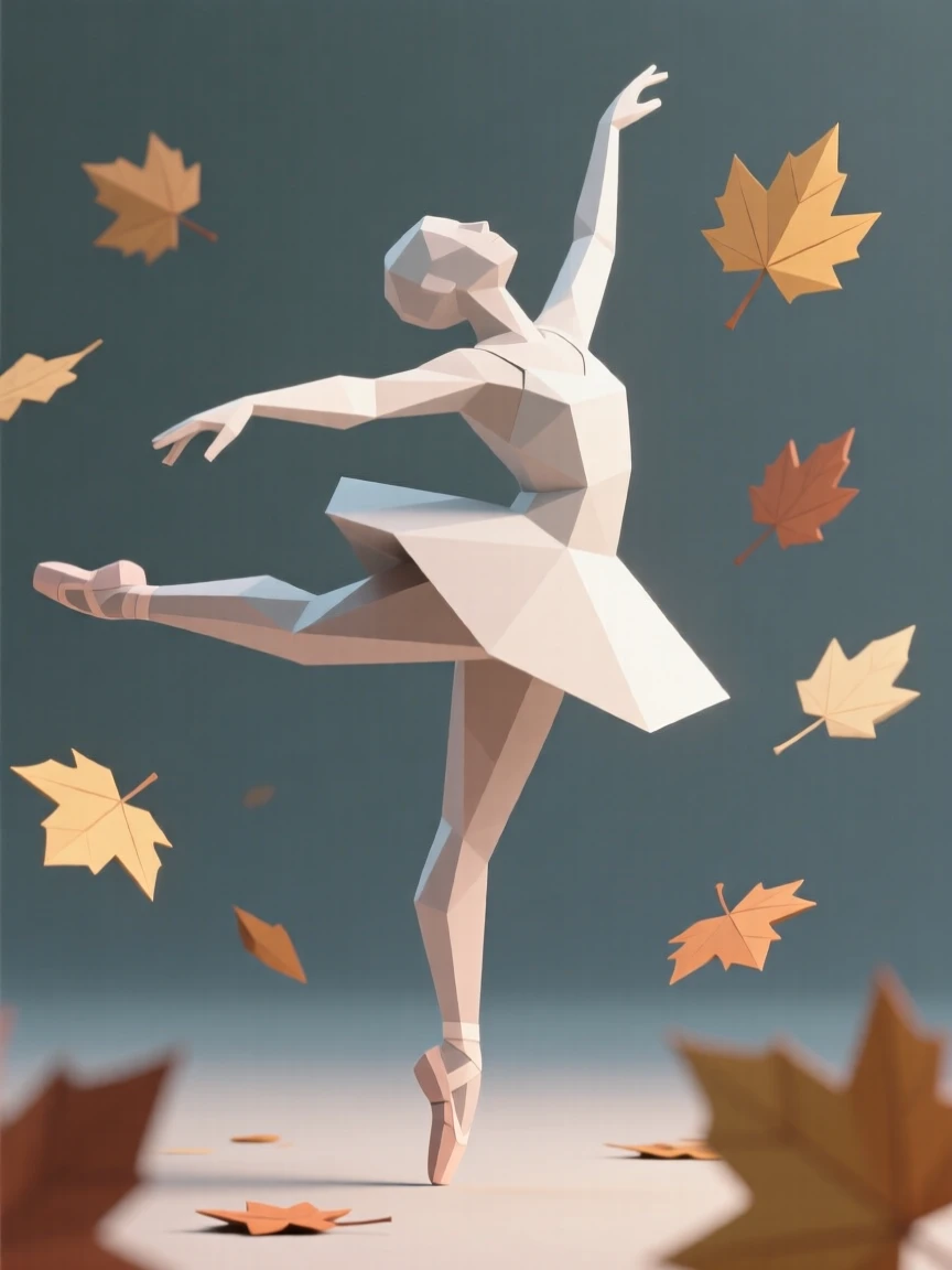 A dancer frozen mid-leap in graceful motion, beneath falling autumn leaves. the framing emphasizes motion and energy. The moment feels full of hope and possibility.