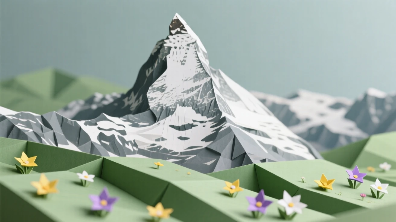 The Matterhorn's iconic peak rising above alpine pastures dotted with wildflowers.
