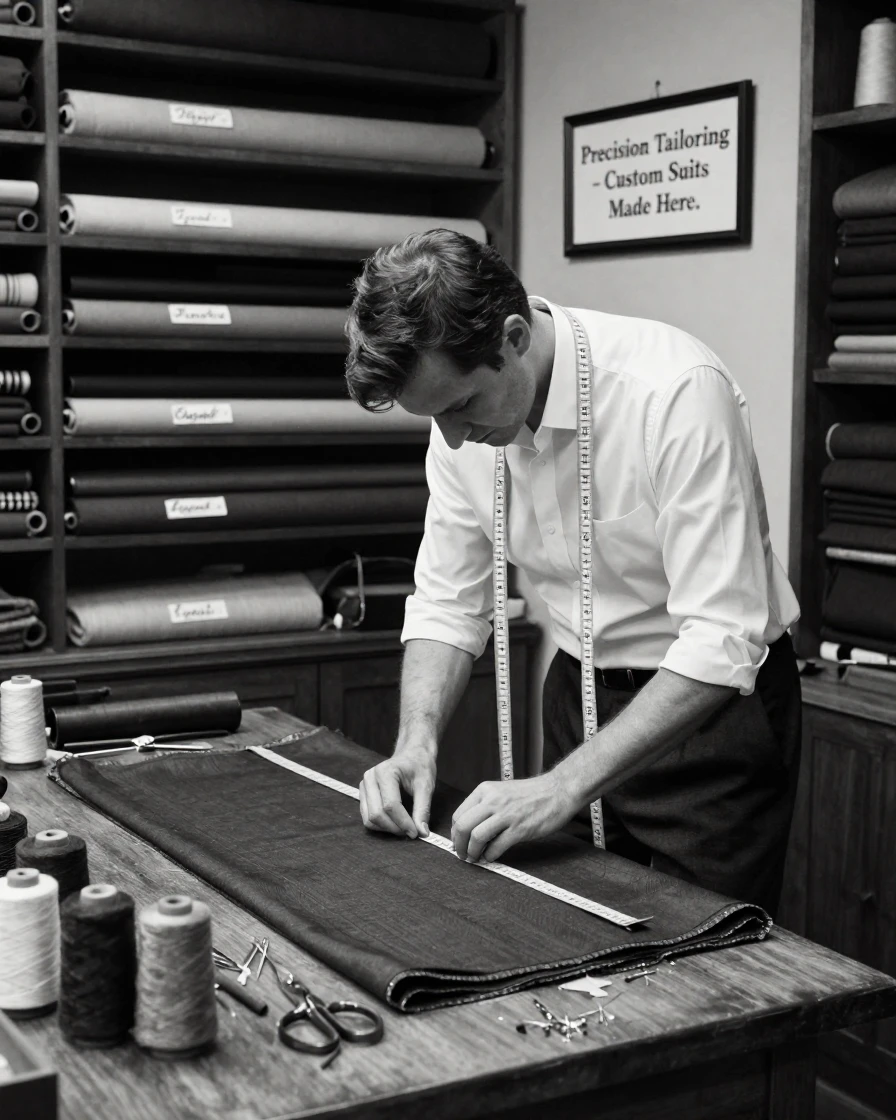A tailor measures fabric for a custom suit inside a small tailor shop.